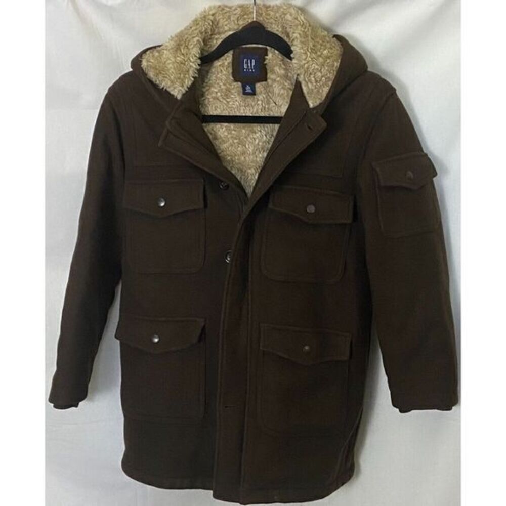 Gap Kids Wool Winter Hooded Coat Brown Full Faux Fur Shearling Lined Sz 12